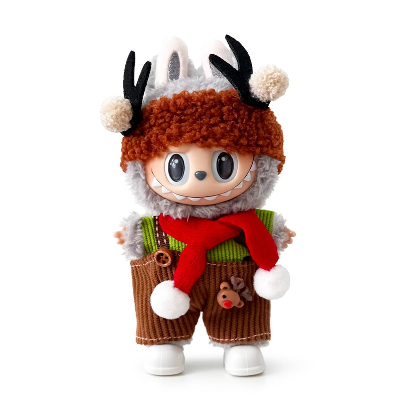 Toy Outfit - Antler hat + green top + red scarf + suspenders + White Shoes