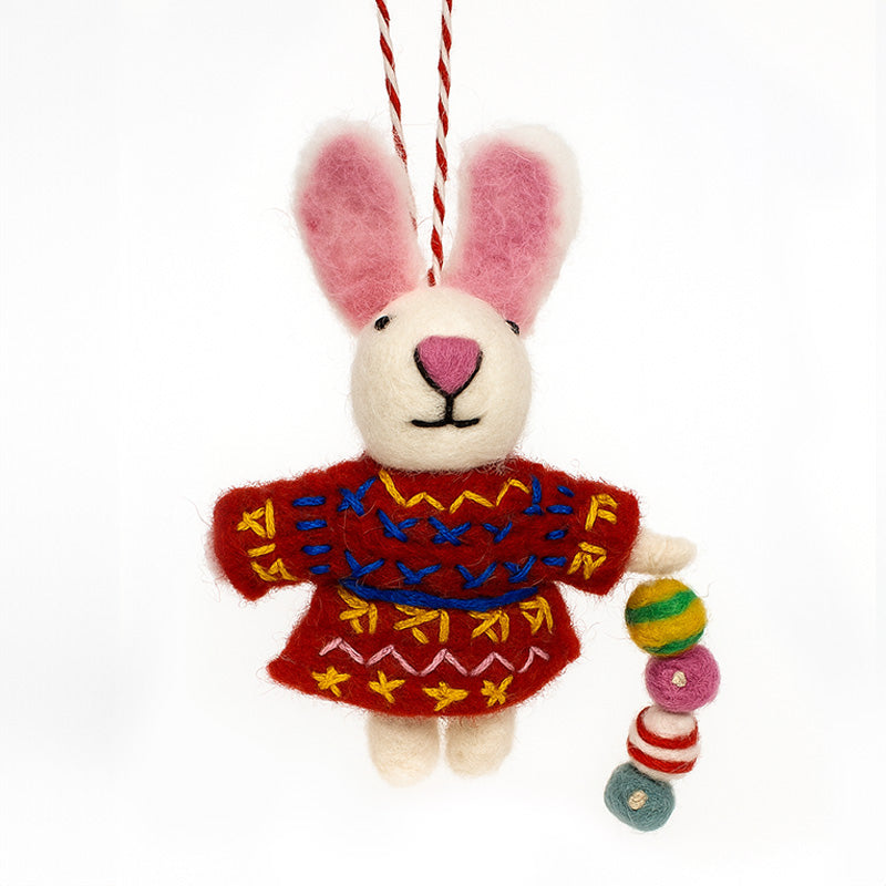 Christmas Bag Charm Tree Decorations - Red Christmas Bunny with Ornaments