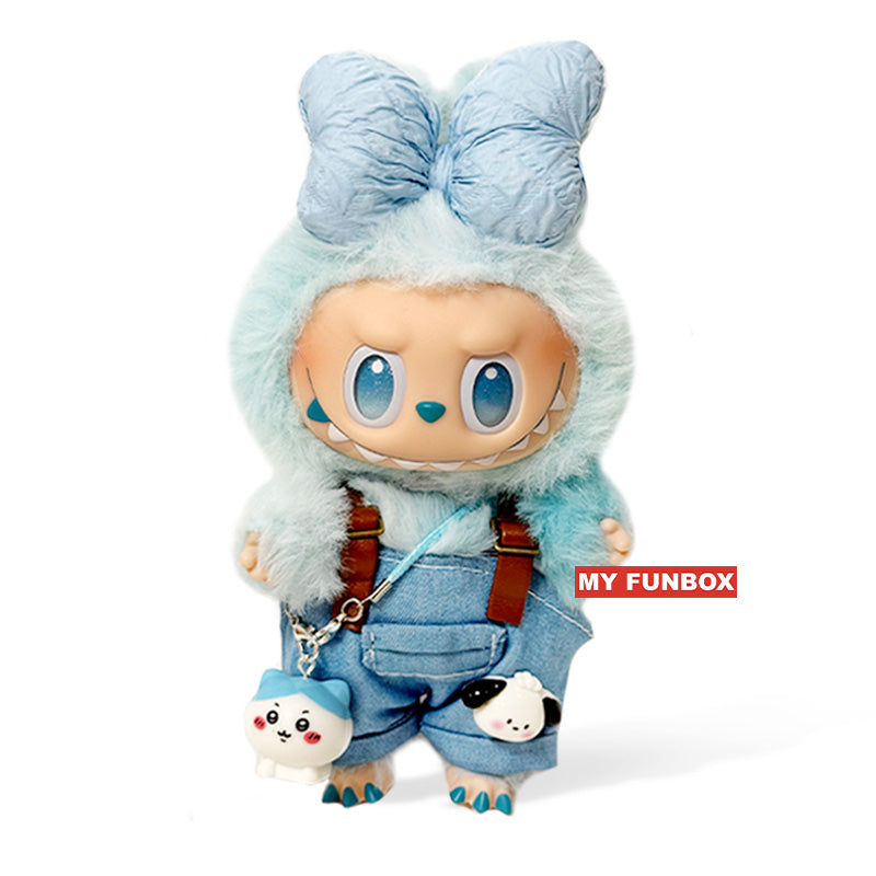 Labubu Fashion Outfit - Blue bow + overalls + Chiikawa keychain