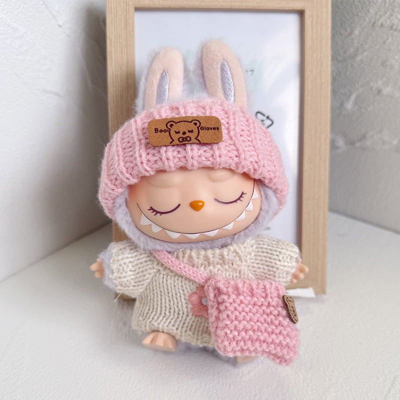 Labubu Fashion Dress - Pink knitted hat + white floral sweater + pink knitted bag