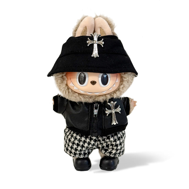 Labubu Outfit - Black Hat + Black leather jacket +Houndstooth pan + Black Shoes