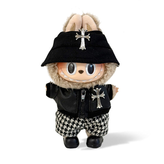 Labubu Outfit - Black Hat + Black leather jacket +Houndstooth pan + Black Shoes