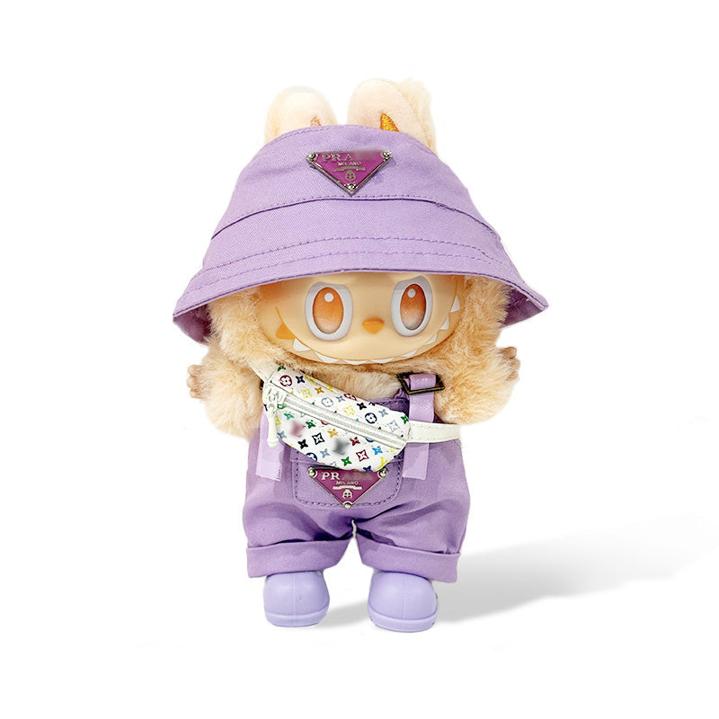 Toy Outfit - Purple Hat + Purple overalls + White Bag + Purple Shoes