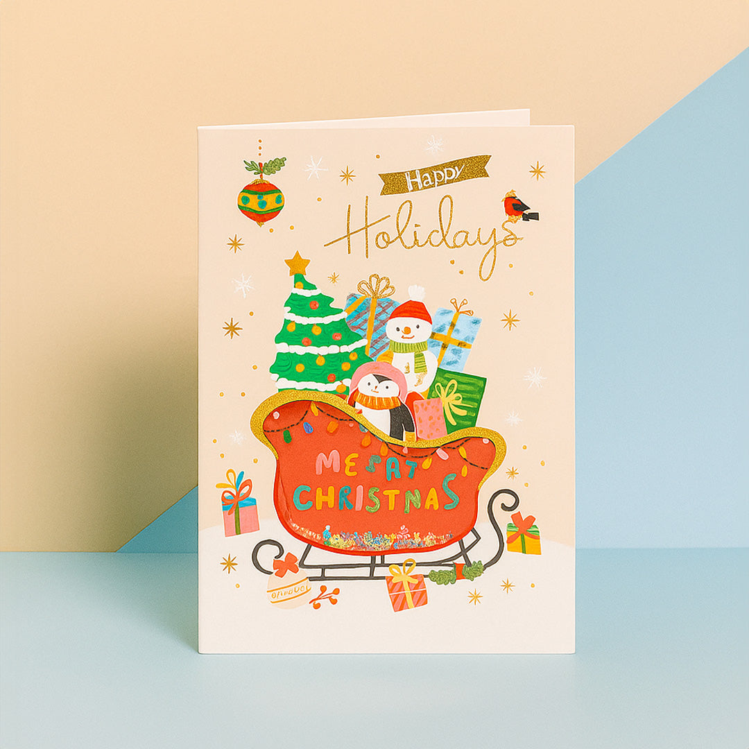 Merry Christmas Shaker Card – Cute Penguin & Snowman Design with Moving Stars
