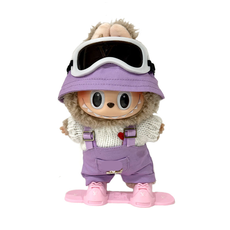 Labubu Outfit - Purple hat + ski goggles + overalls + sweater + snowboard