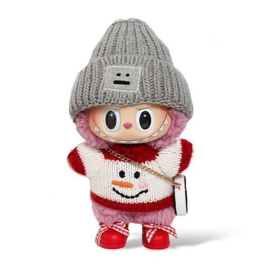 Labubu Christmas Outfit - Grey Hat + Snowman White Top + Red Shoes + Bag
