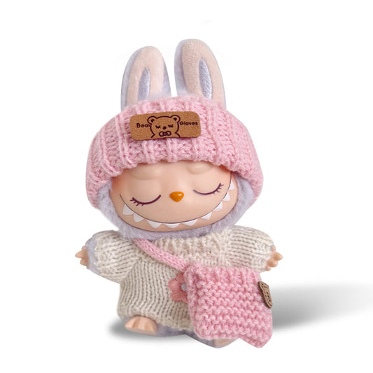 Labubu Outfit - Pink knitted hat + white floral sweater + pink knitted bag