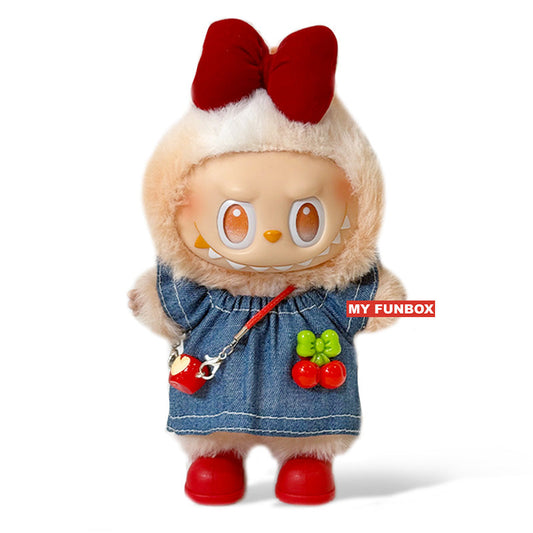 Labubu Fashion Outfit - Denim skirt + red shoes + red bow + small apple keychain