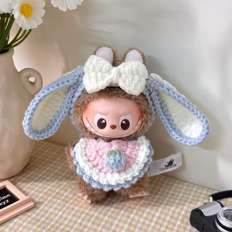 Mini Labubu Pin for Love Outfit - Blue and white bow + Scarf