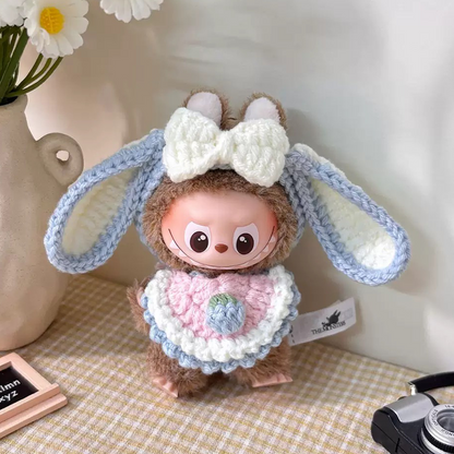 Mini Labubu Pin for Love Outfit - Blue and white bow + Scarf